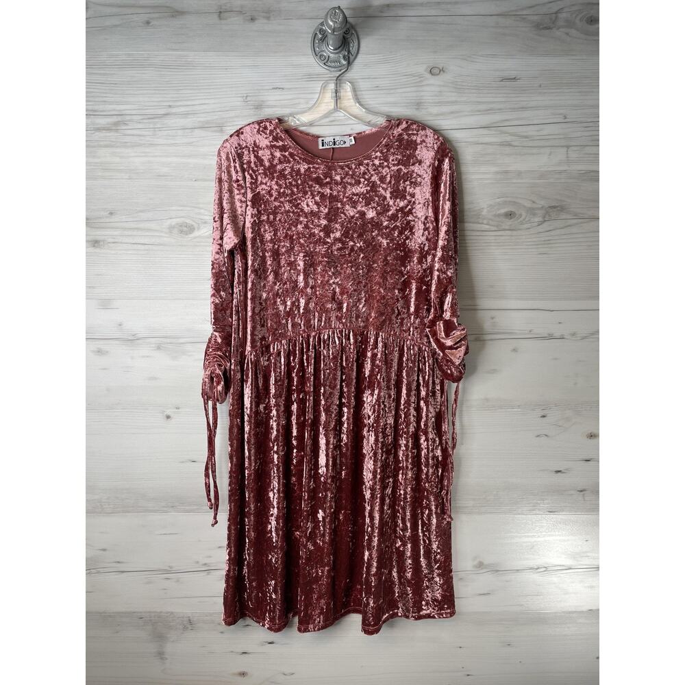Indigo‎ Dress Girls 18 Pink Crushed Velvet Long Sleeve Ruched Made USA Tie Cuffs